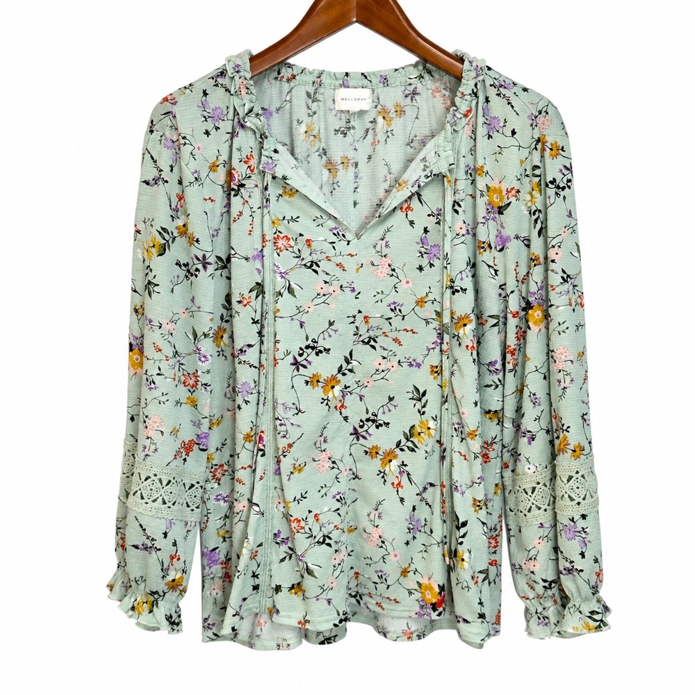 Melloday Sage Floral Peasant Blouse Lace Sleeve Tie Neck Top L CET212019T-RM